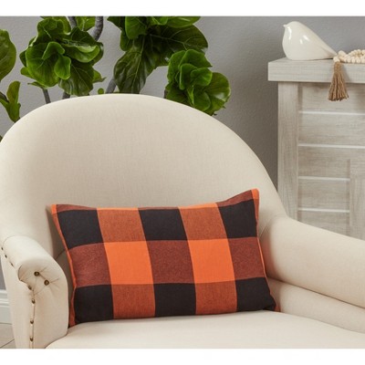 Orange and Black Buffalo Plaid Cotton Throw Pillow