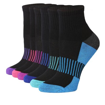 Tipi Toe Women's 6-Pairs Athletic Sports Black-blue/Green/Yellow Sole Colors Patterned Quarter Socks For Women