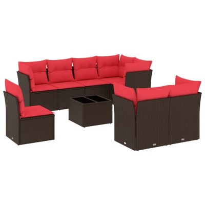 vidaXL 9 Piece Patio Sofa Set with Cushions Brown and Red Poly Rattan - With Table