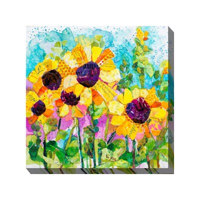 Cottage Garden West of The Wind SUNSHINY Day Yellow, Green, Teal 24 x 24 Inch Waterproof Gallery Wrapped Canvas, Outdoor Garden, Yard, Patio All