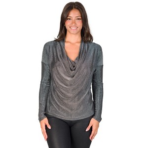 24seven Comfort Apparel Cowl Neck Long Sleeve Shimmery Fabric Top - 1 of 4