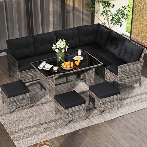 Costway 7 PCS Patio Dining Furniture Set PE Rattan Sectional Sofa Set with Soft Cushions White/Black/Blue/Gray - 1 of 4