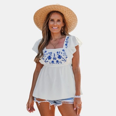Women's Embroidered White Cotton Peplum Top - Cupshe-S-White