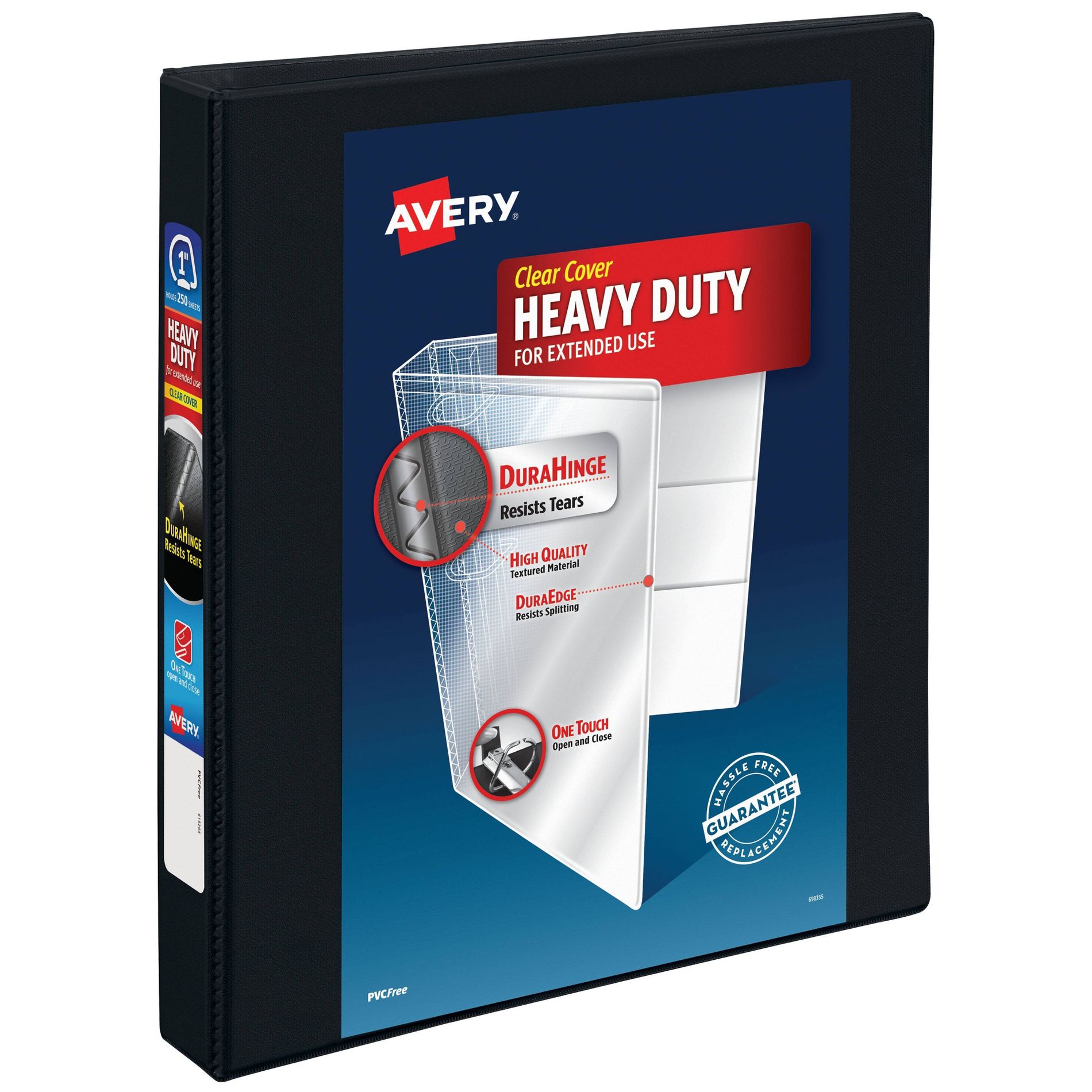Avery 1" 250 Sheet Heavy Duty Nonstick View Ring Binder Black: Polypropylene D-Ring, 4 Pockets, Clear Cover