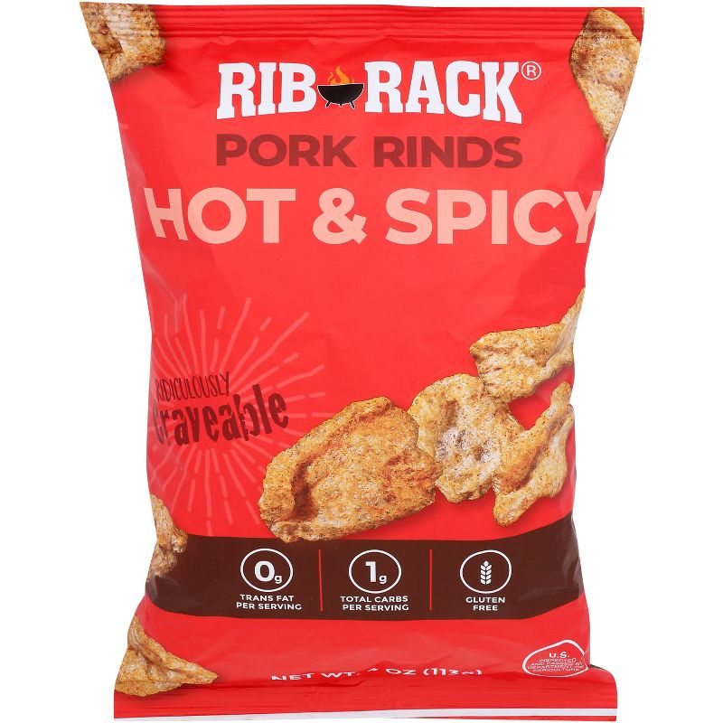 Rib Rack Hot & Spicy Pork Rinds - Case of 12 - 4 oz, 1 of 2