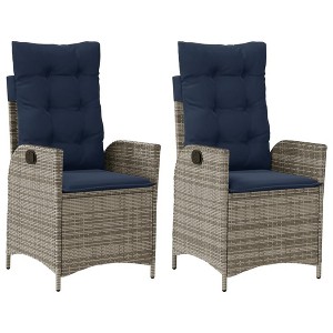 vidaXL Reclining Patio Chairs Set of 2 with Navy Blue Cushions, Adjustable Poly Rattan Loungers for Garden & Outdoor - 1 of 4