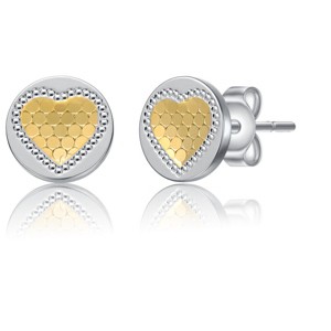 Guili Two-Tone Heart Milgrain Medallion Round Stud Earrings – Beautiful Blend of Two-Tone Design and Milgrain Detailing for a Timeless, Elegant Look. - 1 of 2