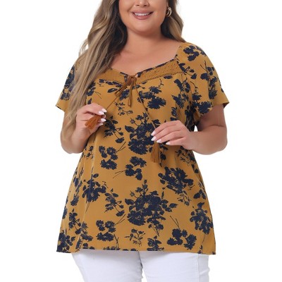 Agnes Orinda Women's Plus Size Floral Printed Tie Neck Short Sleeve Beach Square Hollow Tassel Peasant Tops