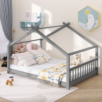 CAVINAS Twin/Full Size House Platform Bed Frame with Fence,Modern Floor Bed for Kids Room,Bedroom