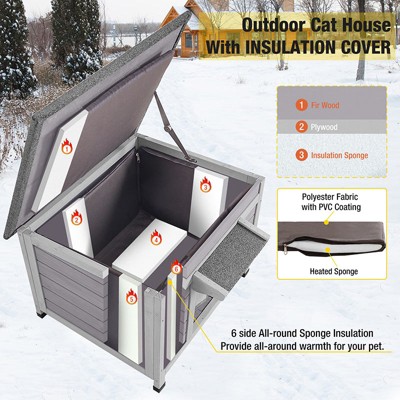 Insulated Gray Wooden Outdoor Cat House with Thermal Liner