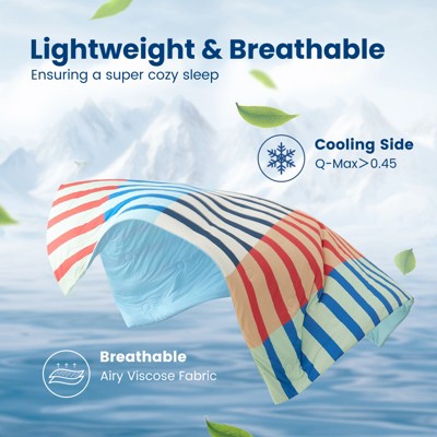 SNUGGLE SAC Double‑Sided Striped Cooling Comforter with 2 Pillowcases Breathable Summer Bedding Set Vibrant Coastal Design Snuggle Sac,Green Orange,90"x90" — фото 2