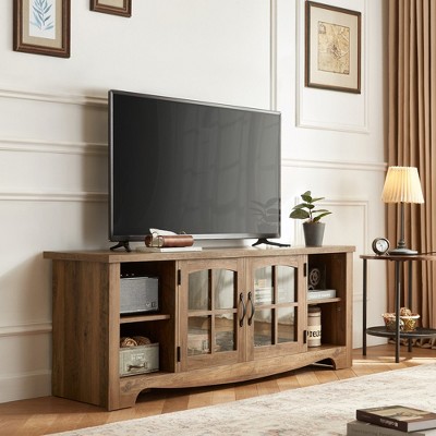 LINSY HOME Farmhouse TV Stand for 65 Inch TV, Wood Entertainment Center with Glass Door, Large TV Console Table for Living Room