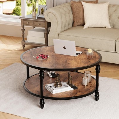 Jojoka Coffee Table with Open Storage Shelf, 2-Tier Industrial Circle Wood Center Table for Living Room,Storage