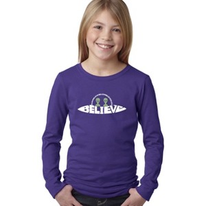 LA Pop Art Believe UFO - Girl's Word Art Long Sleeve T-Shirt - 1 of 4