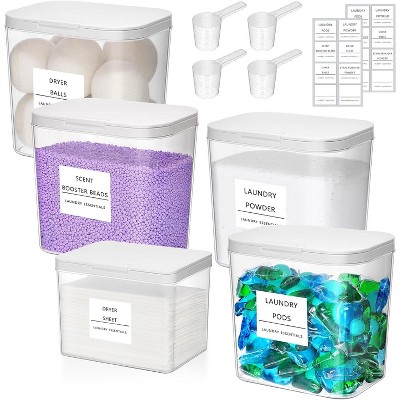 Laundry Pods Container & Dryer Sheet Holder Set with Pop-Up Lids, Detergent Dispenser Jars Includes Labels and Scoop