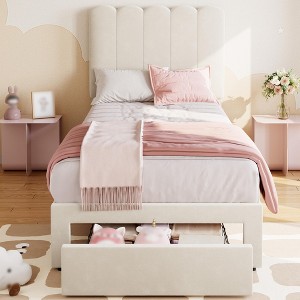 Twin Bed Frame with Storage Drawer & Headboard, Low Profile, Wood Slats, Noise-Free, Pink/White - 1 of 4