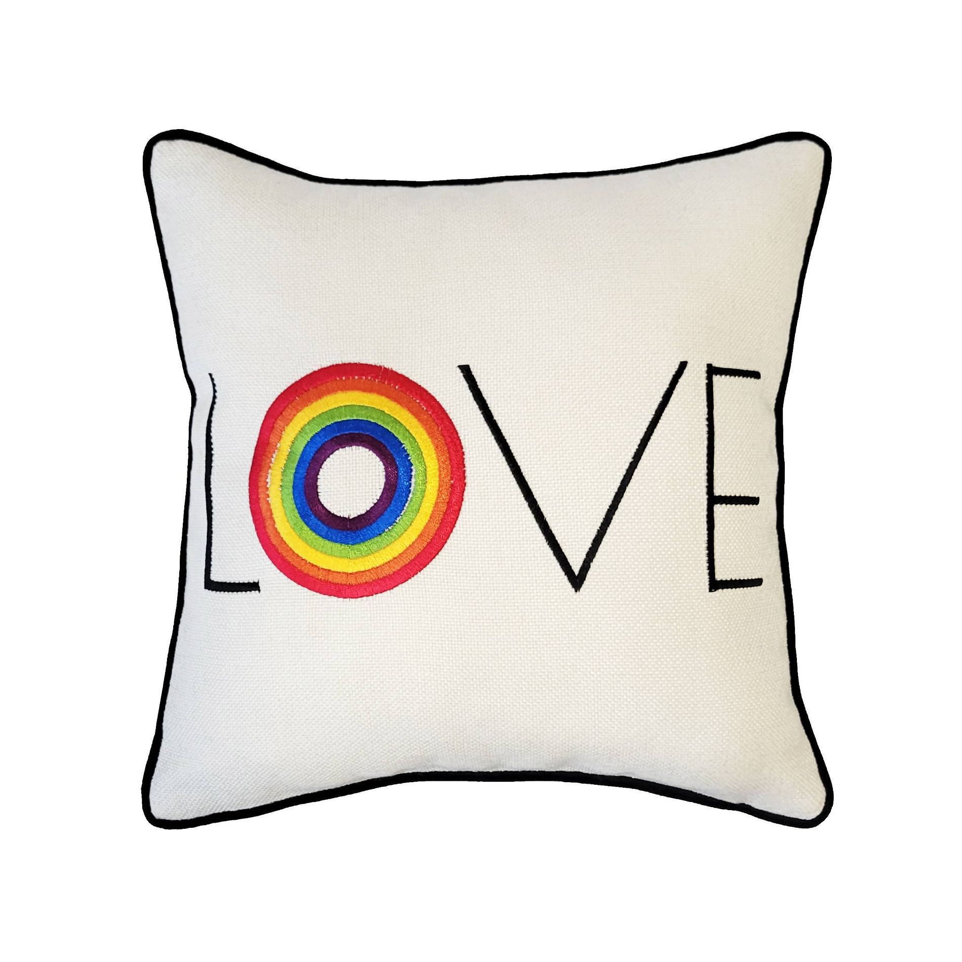 12"x12" 'Love' Embroidered Pride Square Throw Pillow Rainbow/Cream - Edie@Home: Chic Faux Linen, Soft Velvet Back