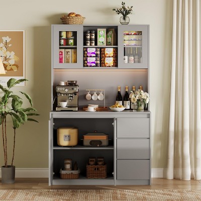 Homhougo 71" Tall Kitchen Cabinet with Adjustable Shelves, Microwave Stand & Storage Hutch, Corner Pantry Cabinet, Grey