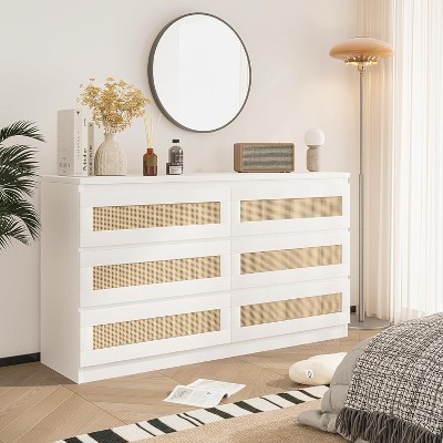 Modern Rattan 6-Drawer Dresser with Anti-Tip Kit, Wide Wooden Storage Chest for Bedroom, Living Room and Hallway