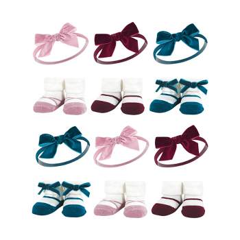 Hudson Baby Infant Girl 12Pc Headband and Socks Giftset, Burgundy Pink Teal, One Size