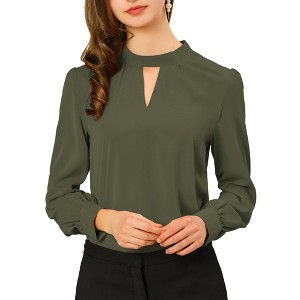 INSPIRE CHIC Women's Office Keyhole Elegant Stand Collar Long Sleeve Back Neck Button Blouse - 1 of 4