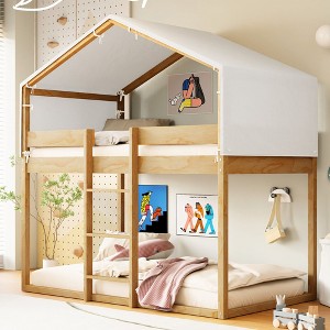 CAVINAS Twin Over Twin Wood/Metal Bunk Bed with Ladder/Tent,House Bed Frame for Kids Room,Bedroom - 1 of 4