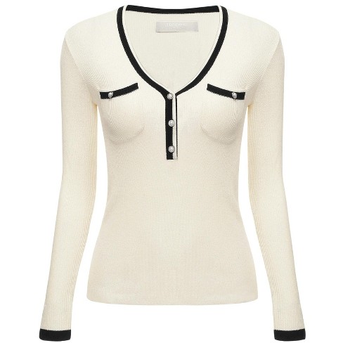 Hobemty Women's Contrast Color V Neck Long Sleeve Fitted Ribbed Tops :  Target