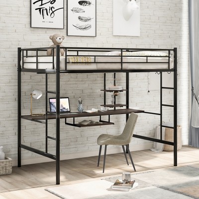 Full Size Loft Bed with Desk and Shelf for Bedroom