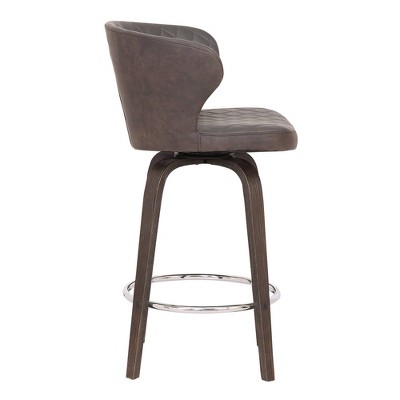 26" Brown Faux Leather Swivel Bar Stool with Wood Base