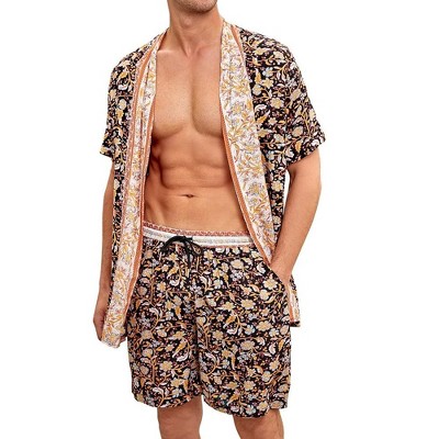 Men's Lightweight Beach Sets Robe with Shorts 2 Piece Floral Hawaiian Short Sleeve Cardigan and Beach Shorts Sets