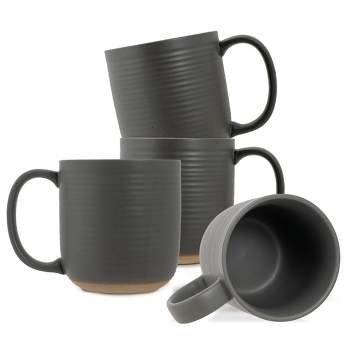 Elanze Designs Ribbed Ceramic Stoneware 16 ounce Raw Clay Bottom Coffee Mugs Set of 4, Grey