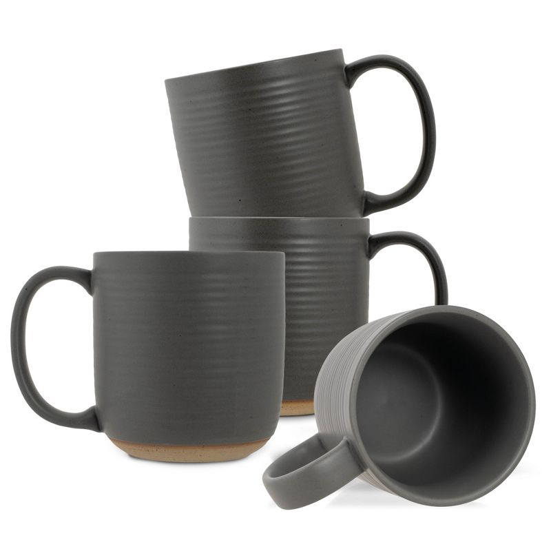 Elanze Designs Ribbed Ceramic Stoneware 16 ounce Raw Clay Bottom Coffee Mugs Set of 4, Grey, 1 of 6