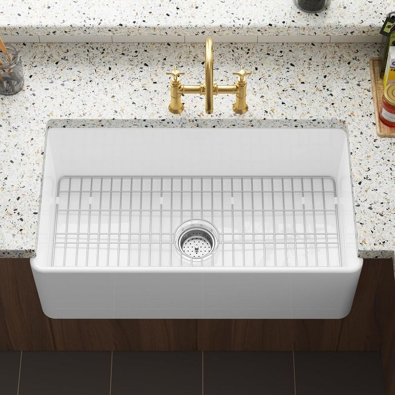 Whizmax White Farmhouse Sink 33 inch, Kitchen Sink Deep Drop In Farm Sink Undermount with Custom Bottom Grid & Strainer Drain, 5 of 8