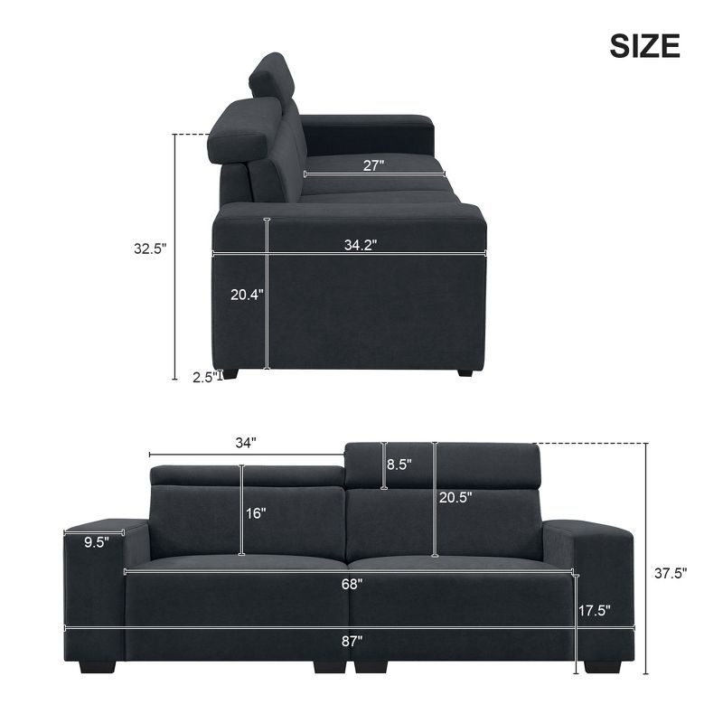 87" Velvet 2-Seater Sectional Sofa with Multi-Angle Adjustable Headrest - ModernLuxe, 3 of 13
