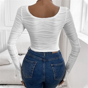 Clotth Women's Ribbed Layering Top - Deep Crew Neck Long Sleeve Basic T-Shirt, Fitted Base Layer Top, Chic Casual Wear, White with Ribbed Texture - 1 of 4