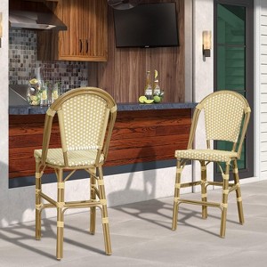 PURPLE LEAF French Bistro Bar Stools, Set of 2 - 30" Cream Yellow Wicker Stools with Footrest & Rattan Back - 1 of 4