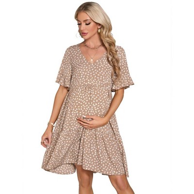 LXT- Maternity Dress Womens Casual Babydoll Dress Ruffle Short Sleeve V Neck Floral Printed Flowy Mini Short Tunic Dress
