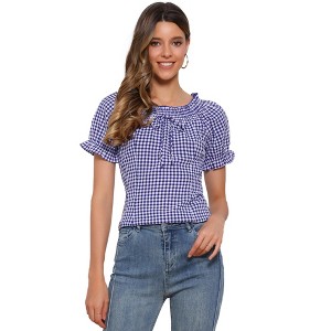 INSPIRE CHIC Women's Peasant Round Neck Ruffles Puff Sleeve Gingham Plaid Blouse - 1 of 4
