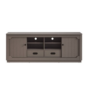 67" TV Stand for TVs up to 70" with Built-In Sliding Doors Storage Cabinet Oak Brown - Festivo: Child-Friendly Edge, Adjustable Shelves - 1 of 4