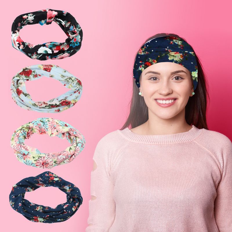 Unique Bargains 4 Pcs Head Wrap for Women Headbands Elastic Turban Rose Flower Style Knotted Headbands, 3 of 7