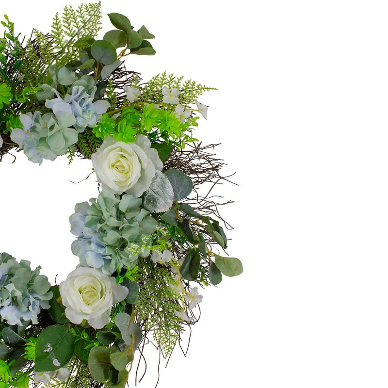 Northlight Hydrangea, Rose and Geranium Artificial Floral Spring Wreath, White and Blue - 24-Inch, 4 of 5