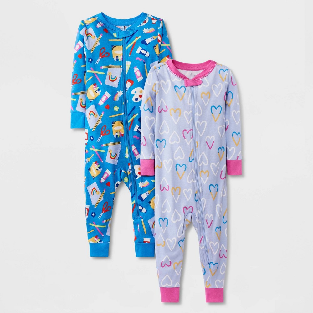 size 18M Baby Girls' 2pk Rainbow Artpaint & Heart Pajama Romper - Cat & Jack Blue 