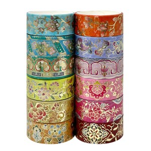 Wrapables Elegant Gold Foil Washi Tape Box Set for Arts & Crafts, Scrapbooking, Stationery, Diary (12 Rolls), Playful Florets - 1 of 4