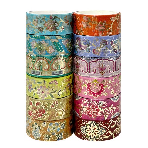 Wrapables Elegant Gold Foil Washi Tape Box Set for Arts & Crafts, Scrapbooking, Stationery, Diary (12 Rolls), Playful Florets - image 1 of 4