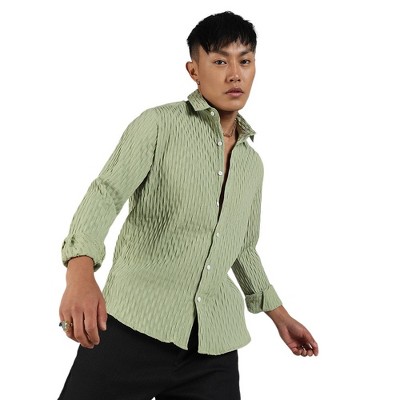 Campus Sutra Men Men's Pistachio Green Crinkled-Weave Shirt