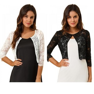 Allegra K Women's Elegant 3/4 Sleeve Sheer Floral Lace Cropped Bolero Shrugs 2 Packs - 1 of 4