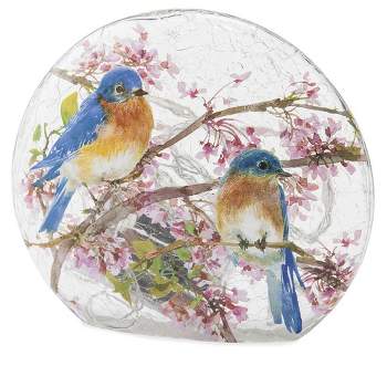 Wind & Weather Lighted Bluebirds on Redbud Branches Crackled Glass Tabletop Art
