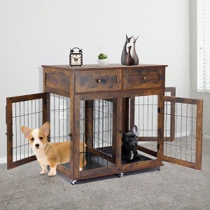 Dog Crate Furniture, Wooden Dog Kennel with Room Divider and Tray, Double Rooms Dog Cage, Wooden Dog Crate Table with 2 Drawers End Table - 1 of 4