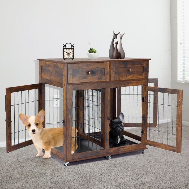 Dog Crate Furniture, Wooden Dog Kennel with Room Divider and Tray, Double Rooms Dog Cage, Wooden Dog Crate Table with 2 Drawers End Table, 1 of 8