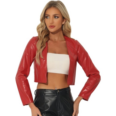 Allegra K Women s Faux Leather PU Long Sleeve Open Front Cropped Jacket Red X Small